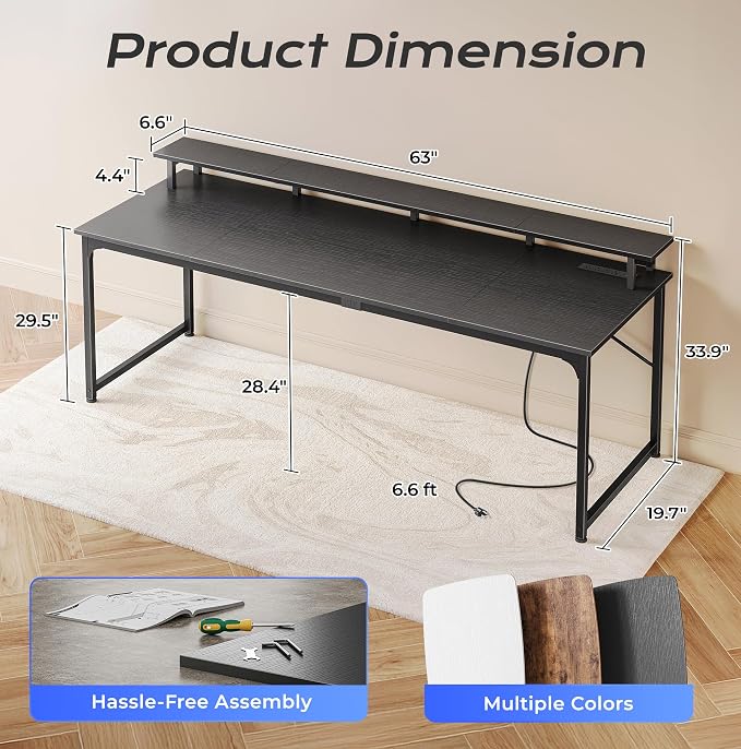 PRAISUN 63 inch Gaming Desk, LED & Power Outlets, Monitor Stand, Black | Sturdy PC Desk for Home Office, Study & Work, LED Lights, 4 AC Outlets & USB-C Charging Station - Image 3