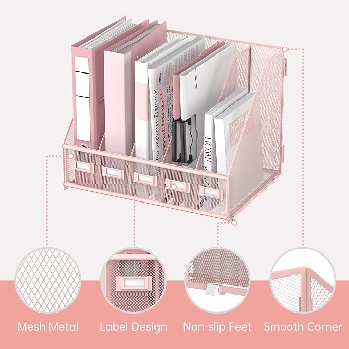 SUPEASY Desk Organizers Metal Desk Magazine File Holder with 5 Vertical Compartments Rack File Organizer for Office Desktop, Classroom, Home Workspace, Pink Plus - Image 4