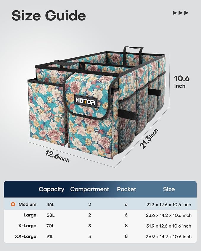 HOTOR Trunk Organizer- Car Organizer, Foldable Trunk organizer for SUVs & Sedans, Sturdy Car Organization for Car Accessories, Tools, Sundries, Blue Flower, 2 Compartments, 21.3"×12.6"×10.6" - Image 2