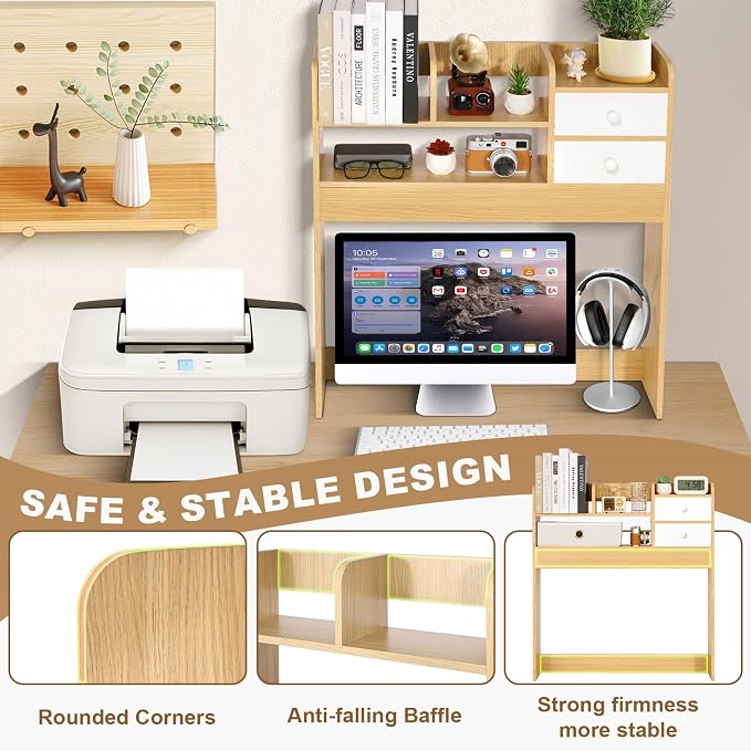 YGYQZ Wood Desk Shelf Organizer, Desk Hutch Top Only, Countertop Storage Hutch with 4 Shelves for Computer Desk，2-Tier with Cabinet Door Rack for Office, Home, Dorm，Natural - Image 5