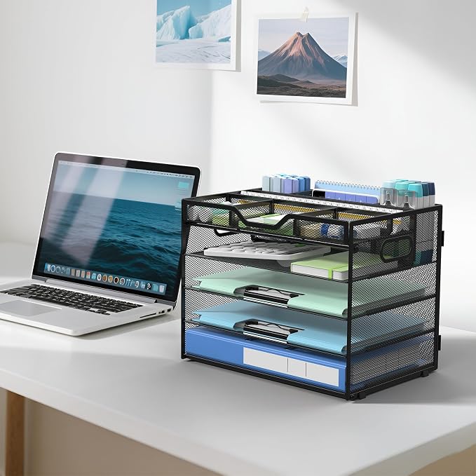Docnest 5 Tier Mesh Desk Organizer with Removable Tray&Pen Holder, Black | Features 3 detachable pen holders and 4 removable dividers.Versatile mesh desktop storage for mail, document,office supplie - Image 6