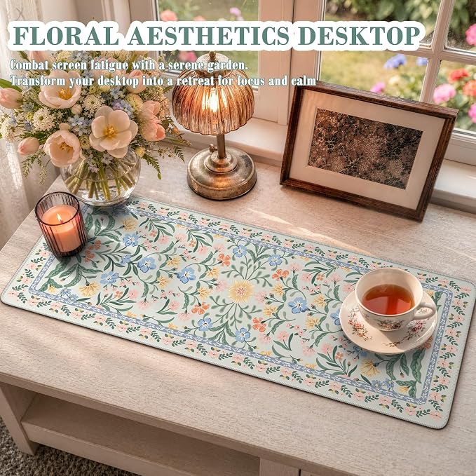 iCasso Aesthetic Desk Mat,31.5x11.8 Mouse Pads,Green Floral | Anti-Slip Mousepad with Stitched Edges, Waterproof Computer Pad, Green Desk Accessories Office Decor for Women - Image 6