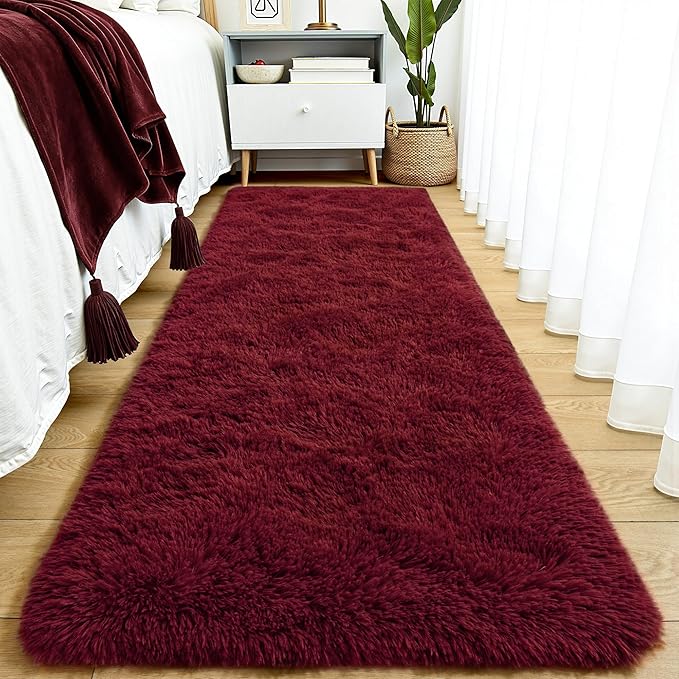 Tepook Soft Runner Rugs for Bedroom 2x6 with Rubber Backing, Burgundy Red Fluffy Rugs for Hallway, Shag Bedside Rug Fuzzy Plush Carpet for Living Room Dorm Nursery Indoor Home Decor by Tepook