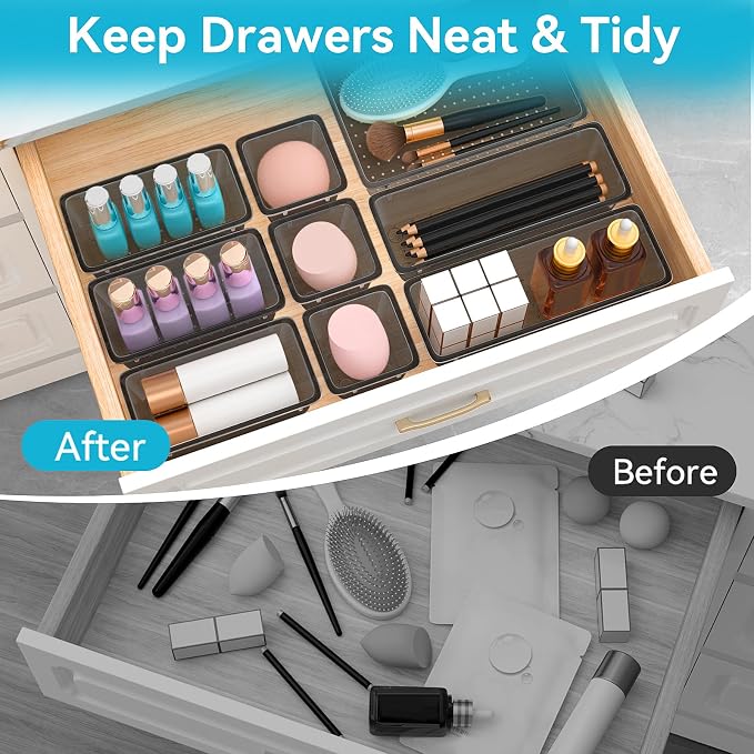 12 PCS Drawer Organizer Set, Makeup Organizers, Tool Storage Trays, Black | 4 Sizes, Plastic, Stackable, Multiple Gadgets, Desk Drawer Divider Organizers, for Makeup, Office Supplies Storage - Image 6