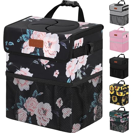 Vankor 3 Gallons Car Trash Can with Lid, Car Bag Bin Hanging Waterproof Automotive Garbage Cans Leak Proof Vehicle Trash Can Black Floral by Vankor