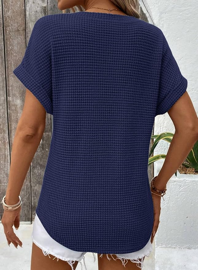 Dokotoo Womens Waffle Knit Tops 2026 Spring Summer V Neck Shirts Casual Trendy Women's Blouses Basic Tee - Image 4