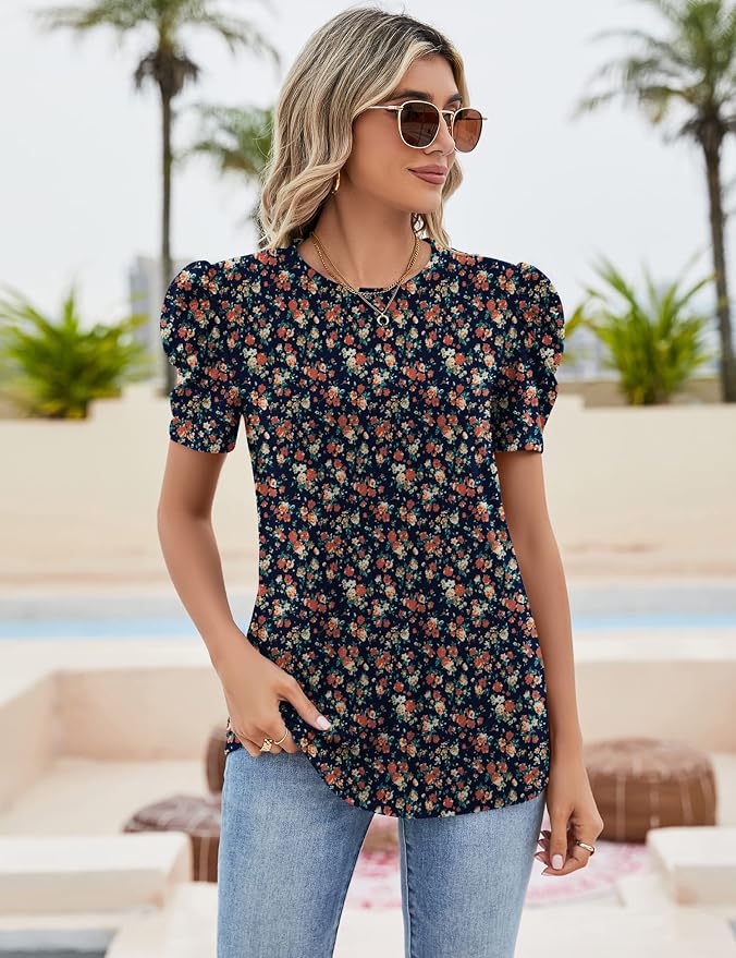 Ivicoer Puff Short Sleeve Shirt for Women Eyelet Tops Summer Crewneck Blouse Loose Fit S-XXL - Image 2