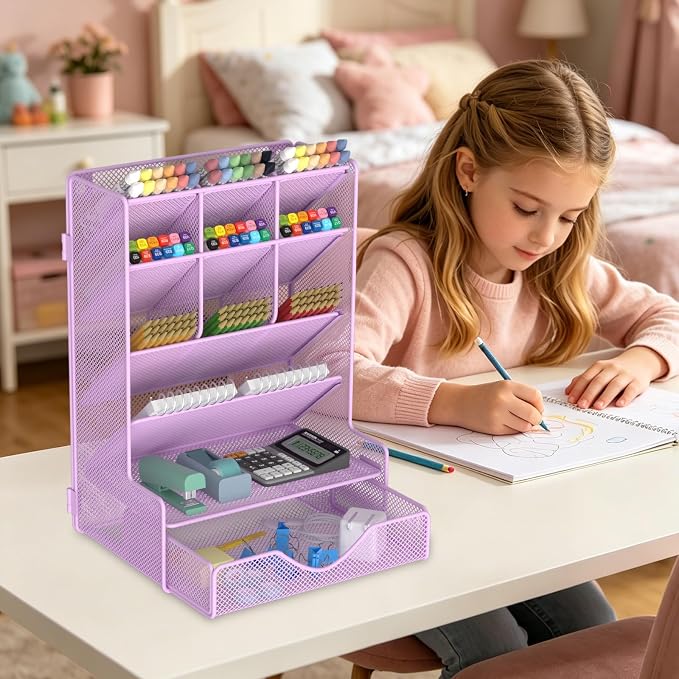 BOHDK Pen Organizer for Desk, Multi-Functional Desk Organizer, Wall Mount Pen Holder with Drawer for School, Office, Home, Art Supplies, Purple - Image 4