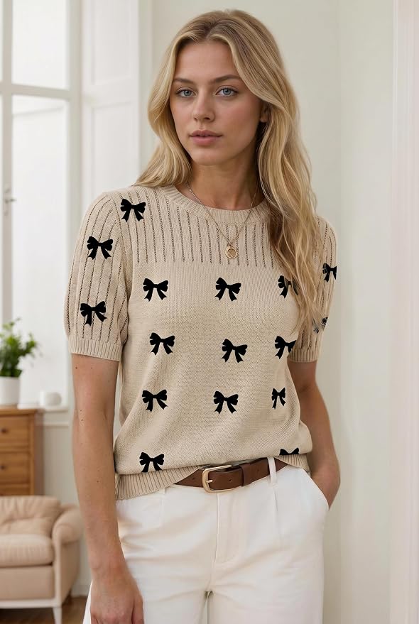 Zeagoo Women's Short Sleeve Sweater Tops 2026 Spring Summer Crew Neck Hollow Out Blouses Dressy Business Casual Outfits - Image 4