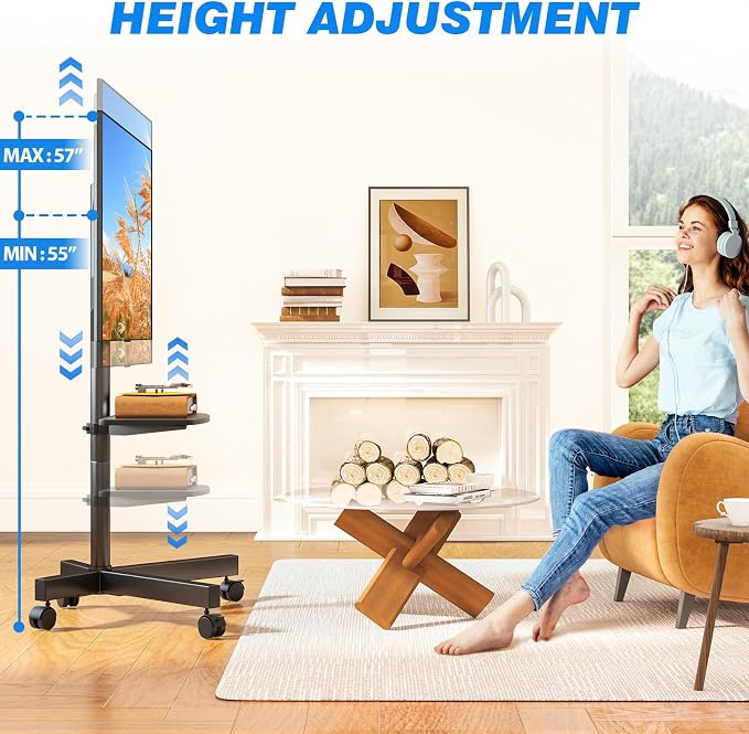 Rfiver Mobile TV Stand for 23-65 Inch LCD LED Flat/Curved Panel Screen TVs up to 88 lbs, Rolling TV Stand with Adjustable Shelf & Tilt, Portable Floor Stand on Wheels for Bedroom, Living Room, Office - Image 3