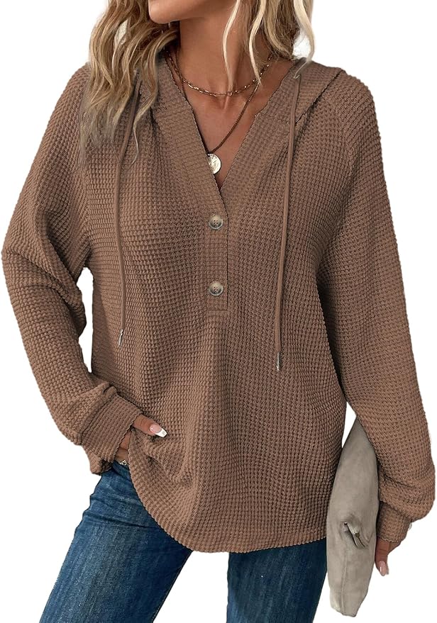 Dokotoo Hoodies for Women Waffle Knit Long Sleeve Drawstring Button V Neck Casual Sweatshirt Hooded Tops Fashion Clothing by Dokotoo