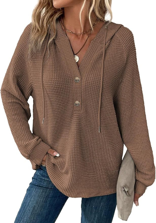 Dokotoo Hoodies for Women Waffle Knit Long Sleeve Drawstring Button V Neck Casual Sweatshirt Hooded Tops Fashion Clothing by Dokotoo