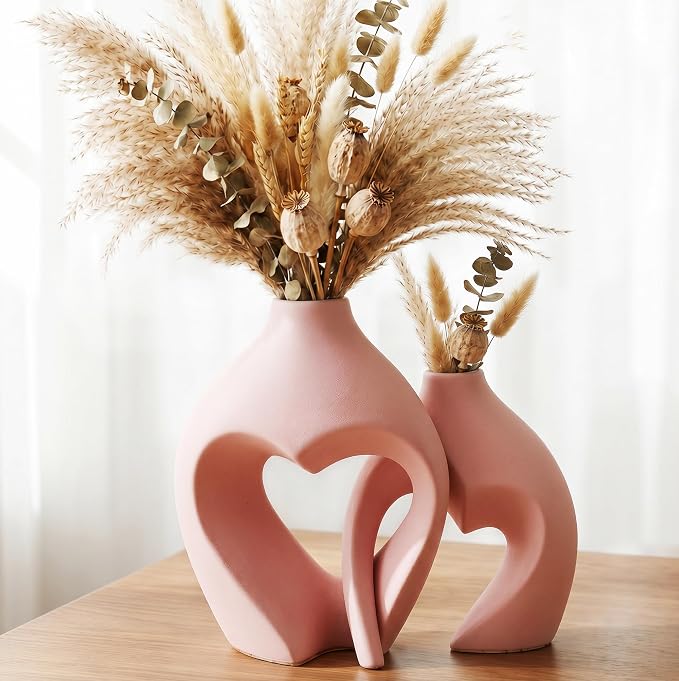 Ceramic Flower Vases Table Decor Heart Shaped Vase Set of 2 Pink | Nordic Heart Shaped Vases Minimalist Decorative Vase for Table Centerpiece Wedding Dining Living Room Office House Decoration by Zormon