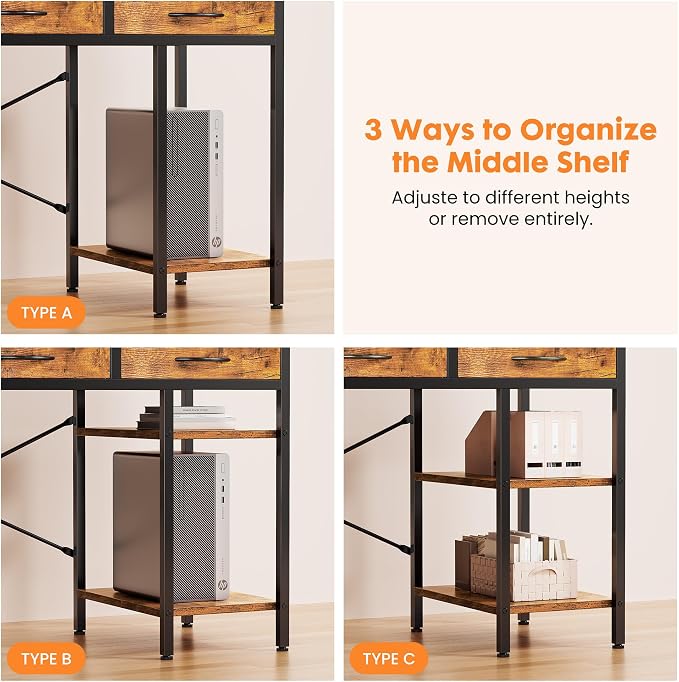 Sweetcrispy 47" Computer Desk with 6 Fabric Drawers & Storage Shelves | Reversible Gaming Desk, Office Desk, Computer Workstation, Corner Desk with Storag, Home Office, Living Room, Rustic Brown - Image 7