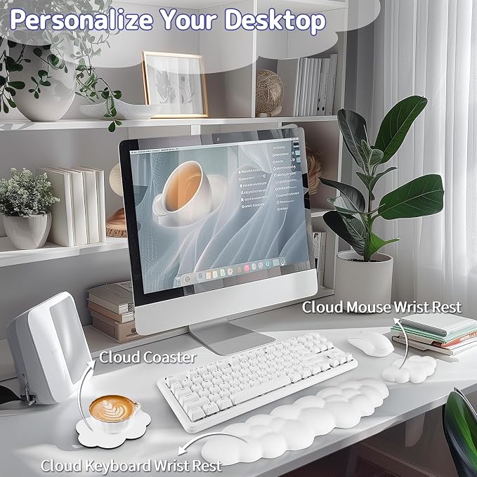 Sushret Cloud Wrist Rest Keyboard, Cloud Keyboard Wrist Pad Set with PU Leather Memory Foam, Cute Arm Rest for Palm Support, PC/Gaming Desk Accessories/Office Setup/Computer Hand Cushion - White - Image 2