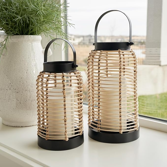 Natural Rattan Boho Lanterns - Handcrafted Chic Decor to Enhance Your Home - Modern Farmhouse Beauty Perfect for Any Living Room, Patio & Porch, Indoor and Outdoor Coffee Table or Kitchen Dining Table - Image 2