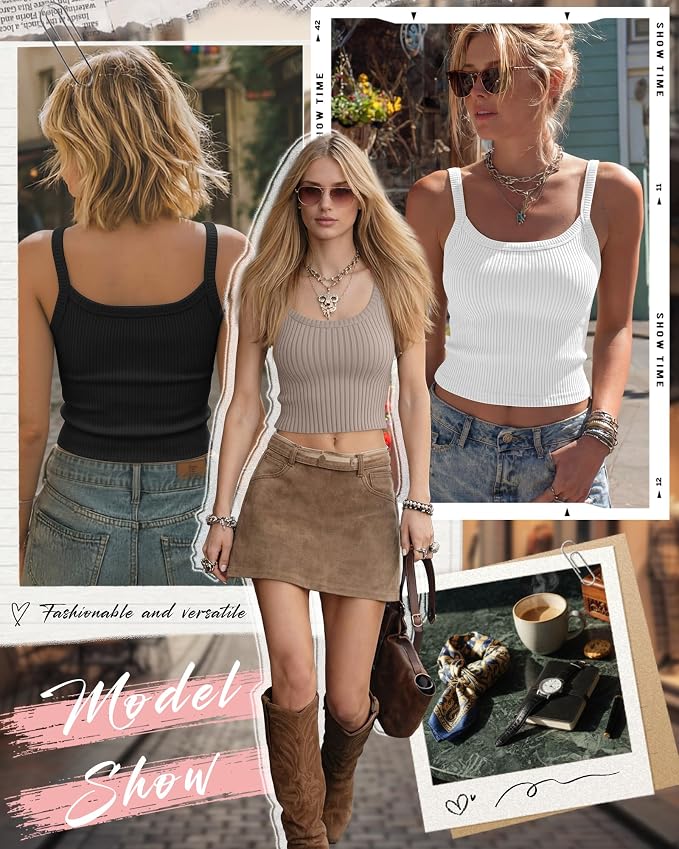 Ficerd 3 Pack Women's Tank Tops 95% Cotton Spaghetti Strap Ribbed Crop Camisole Slim Fitted Basic Summer Sleeveless Layer - Image 3