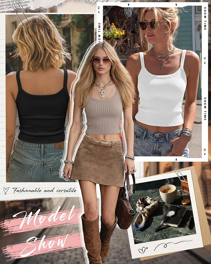 Ficerd 3 Pack Women's Tank Tops 95% Cotton Spaghetti Strap Ribbed Crop Camisole Slim Fitted Basic Summer Sleeveless Layer - Image 3