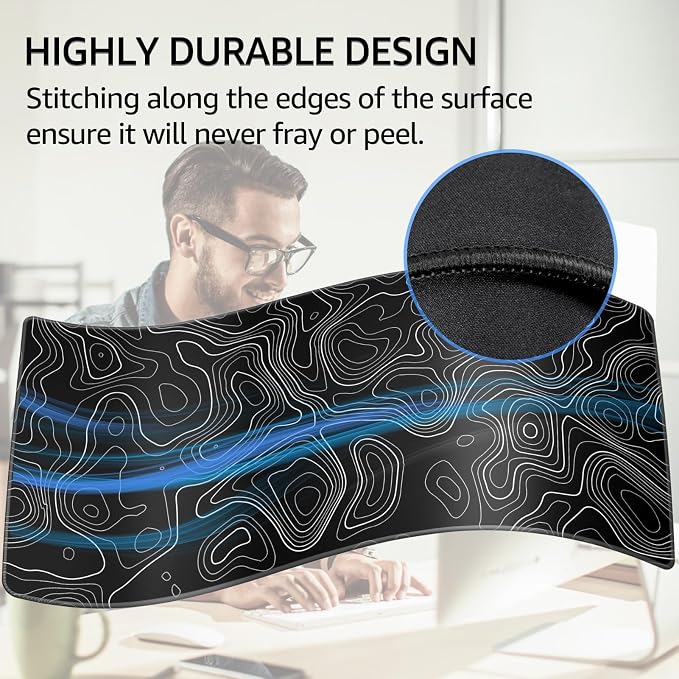 KTRIO Large Gaming Mouse Pad, 31.5 x 15.7 in, Black Topographic, XXL | Smooth Micro-Weave Surface, Artistic Pattern Design, Non-Slip Rubber Base, Durable Stitched Edges, Office & Home Use - Image 3