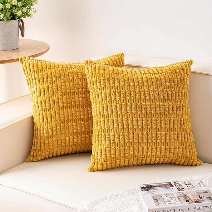 Aegero Pack of 2 Corduroy Decorative Throw Pillow Covers 16x16 Inch Soft Striped Pillow Covers Modern Farmhouse Home Decor for Sofa Living Room Couch Bed（Yellow） by Unknown