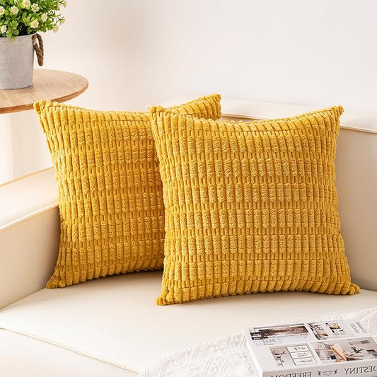 Aegero Pack of 2 Corduroy Decorative Throw Pillow Covers 16x16 Inch Soft Striped Pillow Covers Modern Farmhouse Home Decor for Sofa Living Room Couch Bed（Yellow） by Unknown