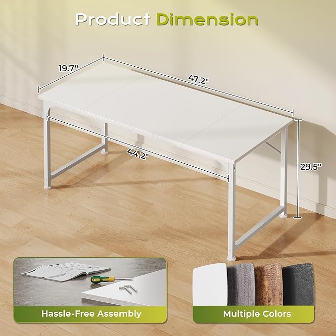 PRAISUN 47 Inch Computer Desk, Home Office Desk with Spacious Desktop, White - Image 3