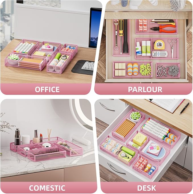 Marbrasse 5 Pack Desk Drawer Organizer Set, Mesh Drawer Storage Trays with 1 Adjustable Divider, Desk Organizers and Accessories, 5 PCS Drawer for Office Supplies, Makeup & Vanity (Pink) - Image 3