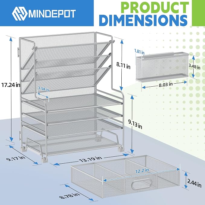 MINDEPOT 4-Tier Paper Organizer + 3-Pocket File Holder + Drawer + Pen Holders, Desktop File Organizers Paper Tray for Office Supplies School Classroom Organization (Silver, with Drawer & Pen Holder) - Image 2