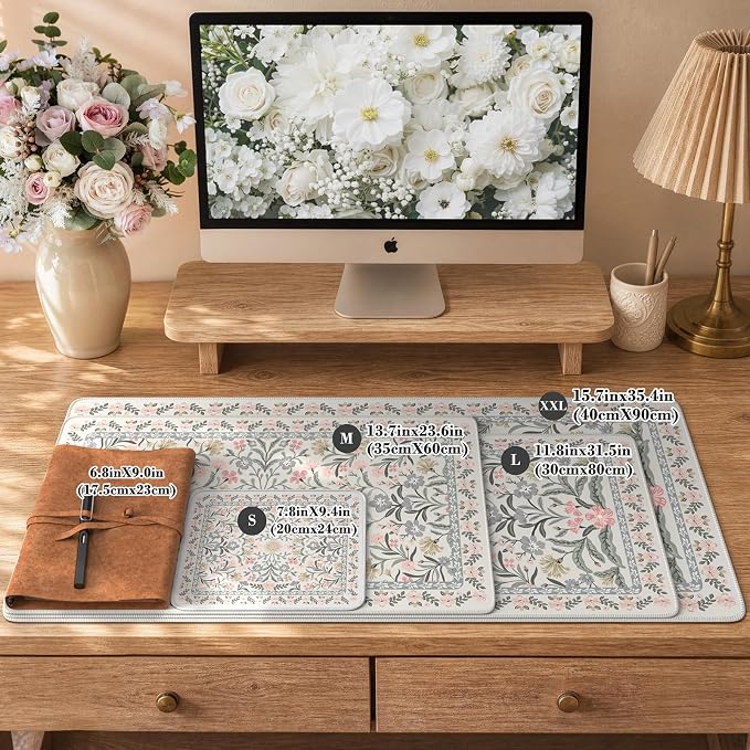 iCasso Aesthetic Desk Mat,31.5x11.8in Mouse Pads, Gray Floral | Anti-Slip Mousepad with Stitched Edges, Waterproof Computer Pad, Desk Accessories Office Decor for Women - Image 2