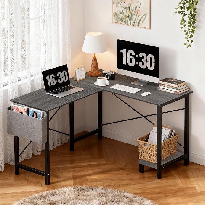 OLIXIS L Shaped Desk, Gaming Desk, Corner Table 50 Inch | Side Bag, Reversible Shelf, Home Work Study Writing, PC Workstation, Easy Assembly, Grey - Image 6