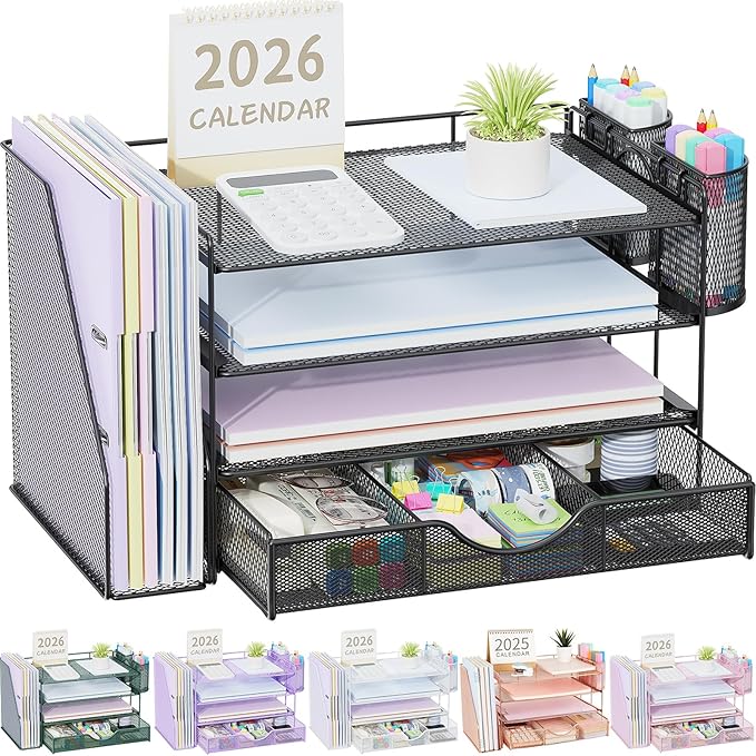 gianotter Desk Organizers and Accessories with File Holder, 4-Tier Desk Accessories & Workspace Organizers with Drawer and 2 Pen Holder, Paper Organizer for Office Supplies (Black) by gianotter