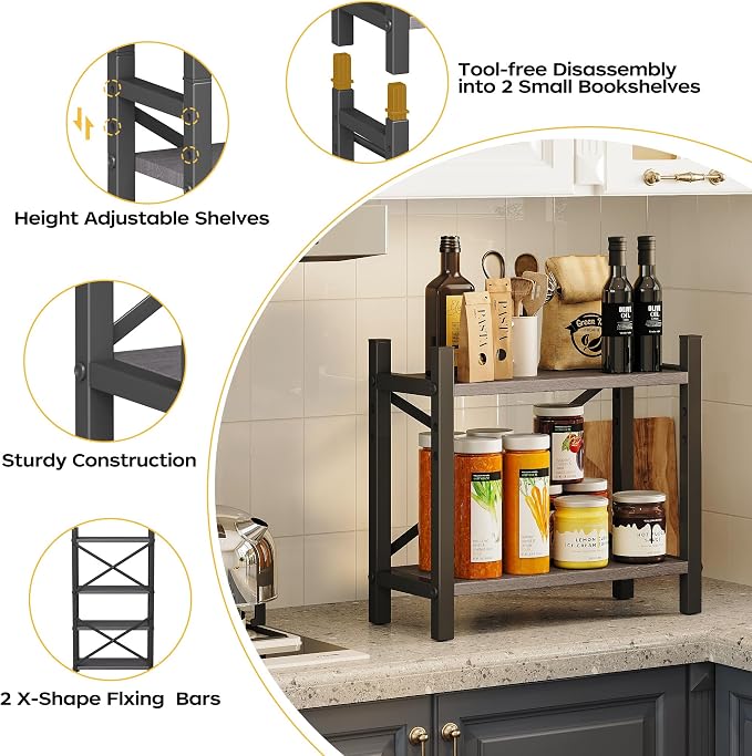 2-Pack Desktop Bookshelf, 4-Tier Stackable Narrow Bookcase, Adjustable Industrial Desk Organizer & Hutch - Rustic Brown Wood Desktop Book Organizer for Living Room, Bedroom & Home Office - Image 5