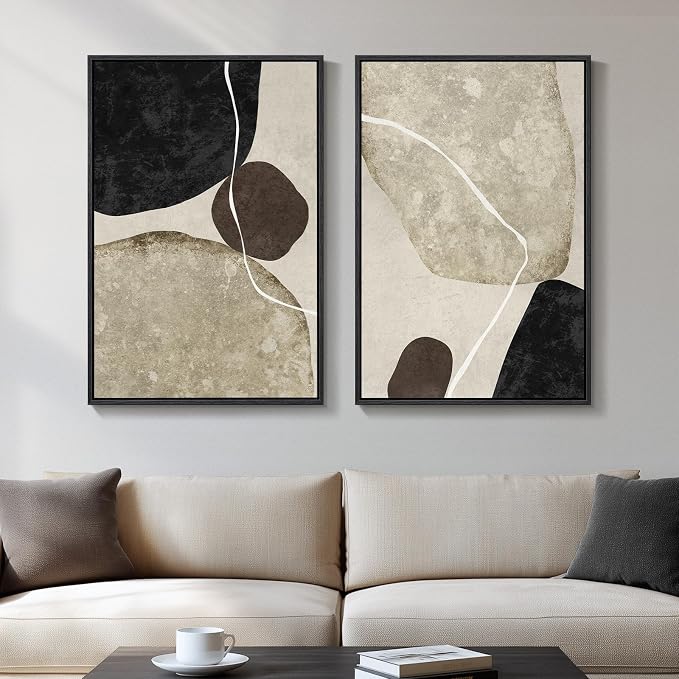 Framed Neutral Abstract Wall Art, 2 Piece Large Modern Black Beige Brown Canvas Prints Paintings Artwork for Walls, Minimalist Stone Shape Pictures for Living Room Dining Bedroom Wall Decor 20x30 In by Cuspin