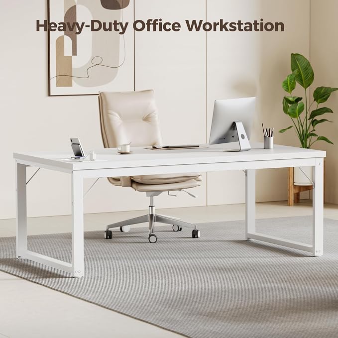Mericonia 54 Inch Computer Desk with Power Outlets, 1.2" Thick Office Table | Modern Simple Style, Heavy Duty Industrial Frame, Study & Writing Table for Home Bedroom Work, White - Image 3