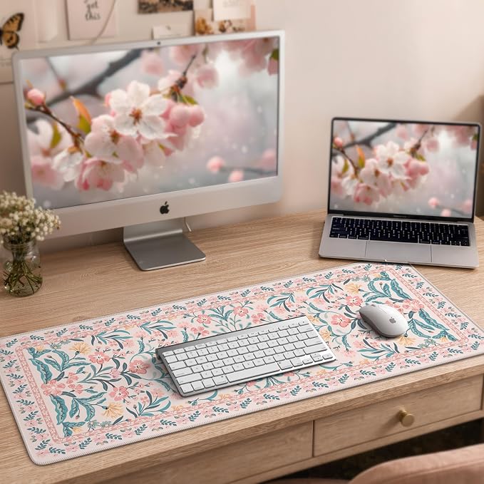 iCasso Aesthetic Desk Mat,31.5x11.8in Mouse Pads, Pink Floral | Anti-Slip Mousepad with Stitched Edges, Waterproof Computer Pad , Desk Accessories Office Decor for Women - Image 8