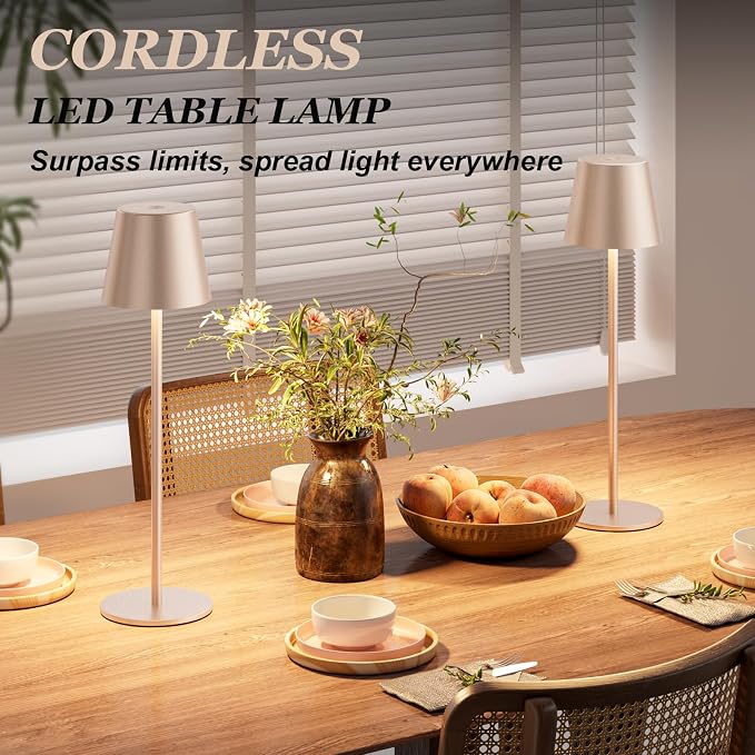 Kakanuo Champagne Gold Cordless Table Lamp Rechargeable - 2 Pack Battery Operated Lamp for Counter, 3 Color Stepless Dimming Wireless Lamp for Dining Kitchen, Outdoor Patio, Touch Control - Image 3