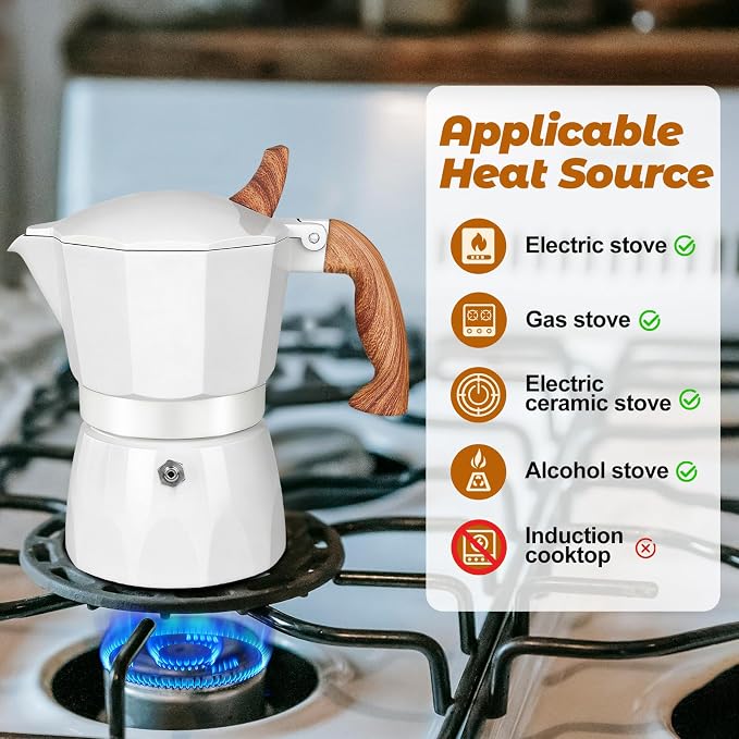 3 Cup Aluminum Moka Pot Classic Stovetop Espresso Coffee Maker 150ml 5oz Coffeemaker Percolator Mocha Pot Greca Coffee Maker Cafe Makers for Italian and Cuban Café Brewing White - Image 4