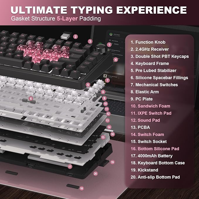 YUNZII B75 PRO 75% Wireless Mechanical Keyboard (Black Heart, MilkV2) | Hot Swap Keyboard with Knob, Gasket Mount, Creamy Pre-lubed Switch for Smooth Typing, BT/USB-C/2.4G, for Gaming - Image 4
