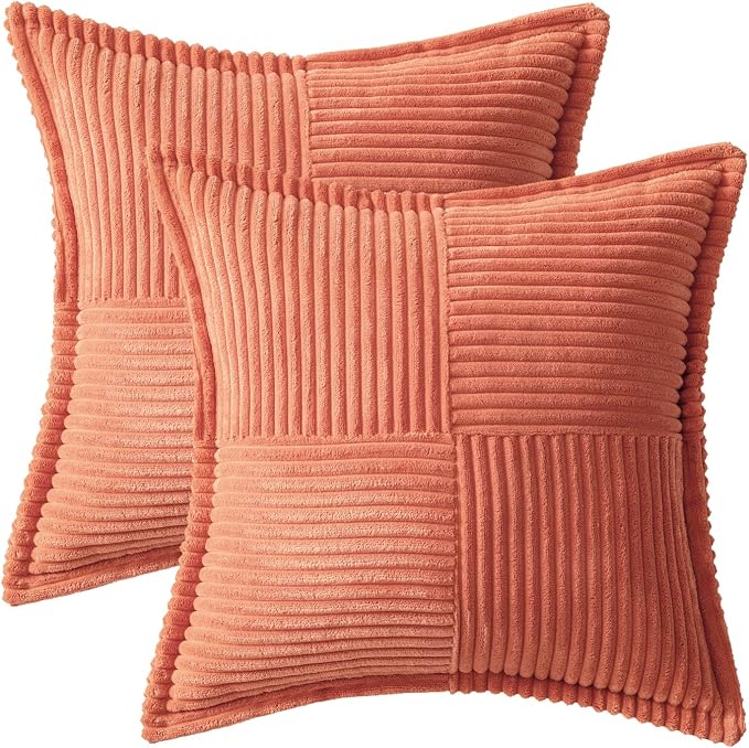 MIULEE Decorative Throw Pillow Covers for Couch Bed Livingroom 18x18 Inch Set of 2 Coral Red Boho Accent Throw Pllows Broadside Striped Patchwork Soft Corduroy Summer Pillowcases - Image 6