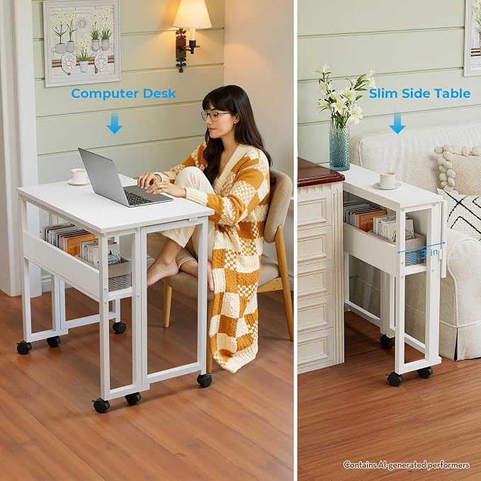 GreenForest Folding Desk with Wheels, 24.8" Rolling Table for Small Spaces | Storage Shelf, Lockable Casters, Compact Portable Workstation, Space-Saving Foldable Sofa Table, Home Office, Mobile, White - Image 6