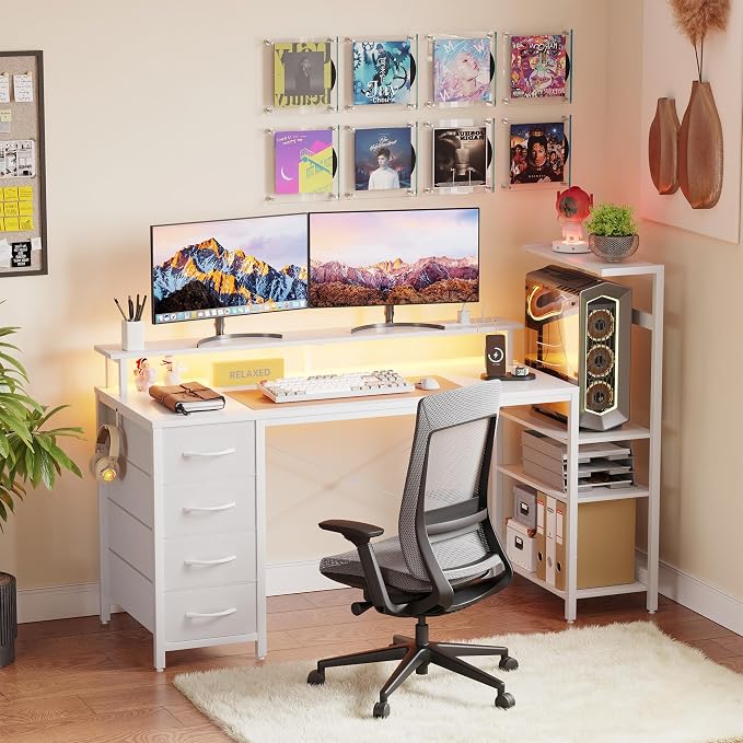59 Inch Gaming Desk with Drawers & PC Tower Stand & LED Lights, White | Reversible, Monitor Shelf, Power Outlets, Carbon Fiber, Mesa Gamer, Computer Desk with Storage, Gaming Table for Home Office - Image 3