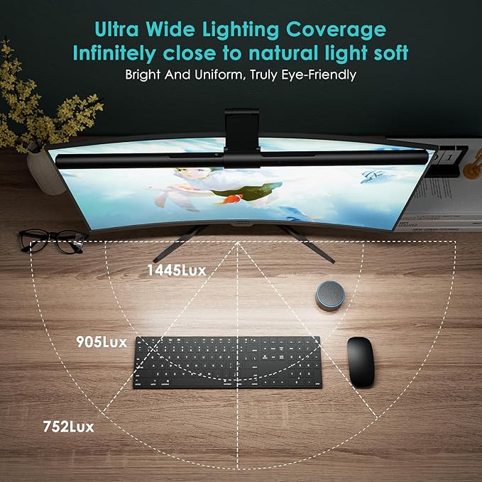 Quntis Monitor Light Bar PRO+ with Remote Control, Fit for Curved/Flat Monitor, Eye-Care USB Computer Lamp Dimmable Screen Light Bar with Auto-Dimming, No Glare Home Office Gaming Desk Lamp - Image 2
