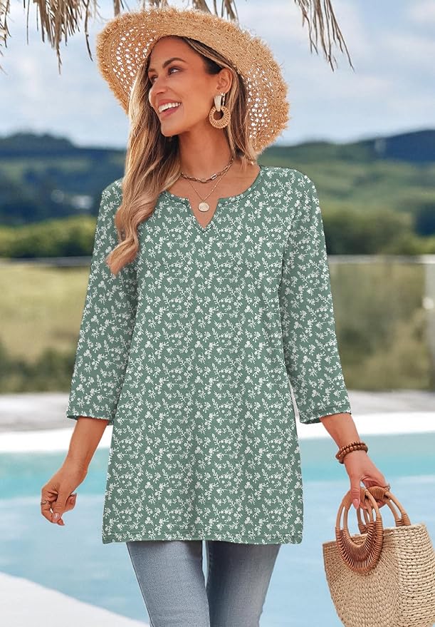 OFEEFAN Summer Boho Tops For Women 3/4 Length Sleeve Womens Tops Vacation Outfits - Image 3