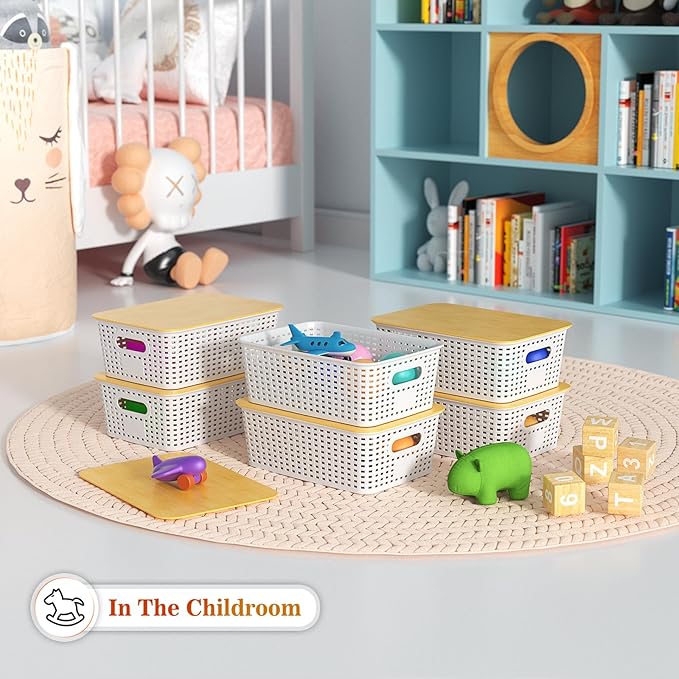 Ohmlove Plastic Storage Baskets With Bamboo Lid - Plastic Storage Containers Stackable Storage bins: Storage Baskets for Organizing Shelves Drawers Desktop Closet Playroom Classroom Office, 6 Pack - Image 5