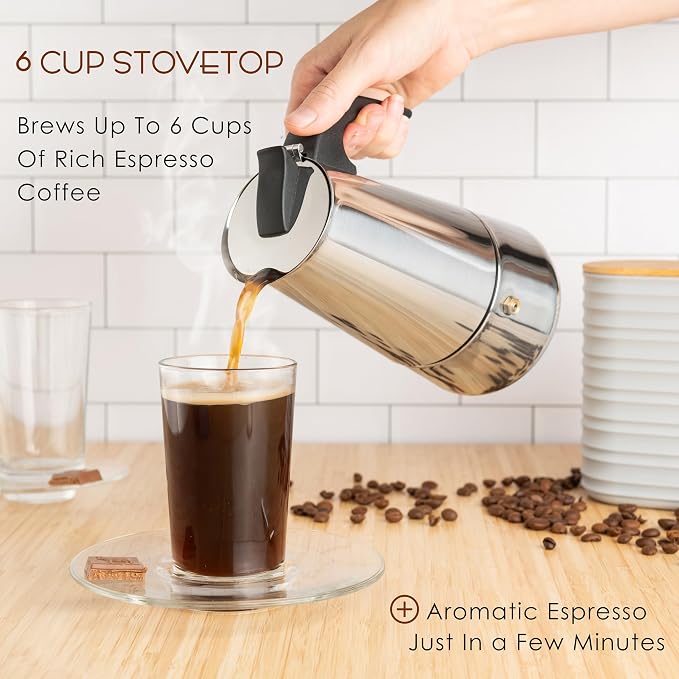 Mixpresso 6 Cup Greca Moka Pot, Stainless Steel Stovetop Espresso Maker | 300ml/10oz Italian stovetop coffee maker with classic percolator design, ideal for preparing coffee at home or while camping - Image 3
