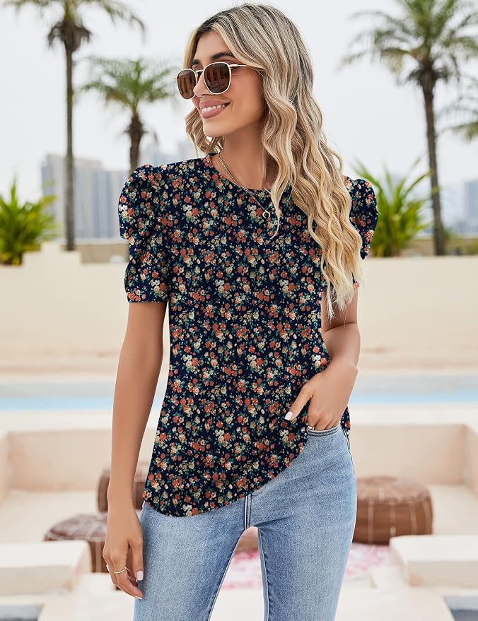 Ivicoer Puff Short Sleeve Shirt for Women Eyelet Tops Summer Crewneck Blouse Loose Fit S-XXL - Image 3