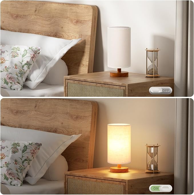 Fenmzee Small Table Lamps (Beige Shade - Walnut Base, 9" Inline Control) | 3000K LED Blub Included | 680 Lumens | Easy Assembly | Minimalist Design | E26 | for Kitchen | for Kids Room - Image 4