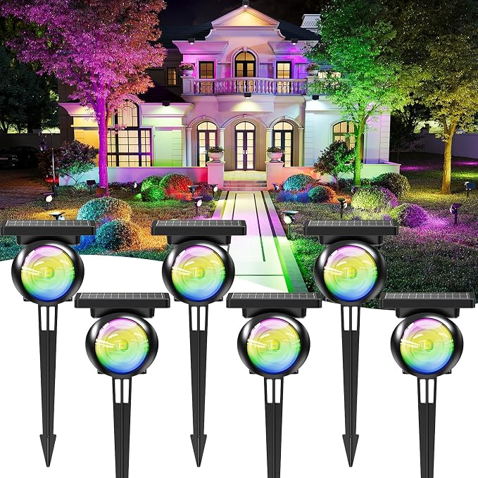 Focusing Solar Spot Lights Outdoor Waterproof, RGB+3CCT Tree Uplights 6Pack | Multicolor Focused Lens Spotlight, Dusk-to-dawn Light, Stake or Wall Mounting for Yard Landscape Garden Path Halloween Decor by Unknown