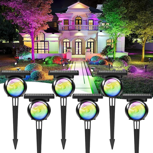 Focusing Solar Spot Lights Outdoor Waterproof, RGB+3CCT Tree Uplights 6Pack | Multicolor Focused Lens Spotlight, Dusk-to-dawn Light, Stake or Wall Mounting for Yard Landscape Garden Path Halloween Decor by Unknown