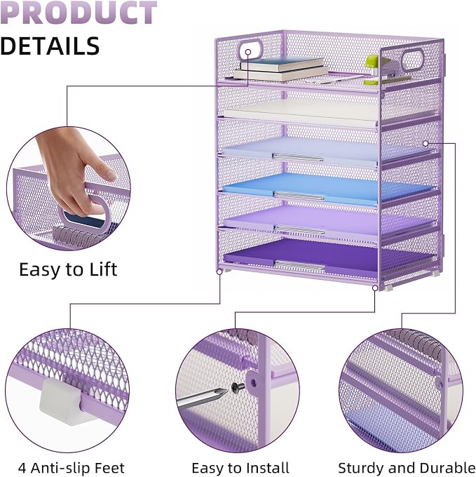Marbrasse 2 Pack Desk Organizer with Handle, 6 Tier Paper Letter Tray, Mesh Desk File Organizer for Office, School and Home - Purple - Image 2